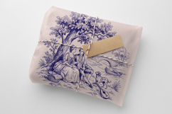 Vintage French Toile De Jouy PNG design with romantic man and woman beside river bridge antique illustration artwork.