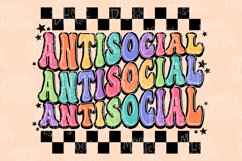 Antisocial Sublimation Design with rainbow letters, a trendy racetrack pattern and a wavy font