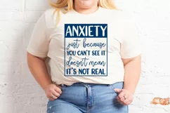 Plus size model wearing t-shirt with anxiety awareness design