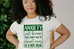 Black model wearing anxiety awareness t-shirt