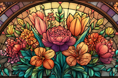 A vibrant stained glass window with colorful flowers Product Image 1