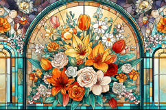 A beautiful stained glass window with a vibrant floral Product Image 1