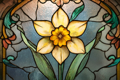 A beautiful stained glass window with a yellow daffodil Product Image 1