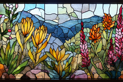 A vibrant stained glass artwork of flowers and mountains Product Image 1