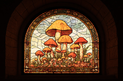 A stained glass window depicting colorful mushrooms Product Image 1