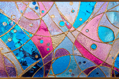 A vibrant abstract stained glass artwork with gold accents Product Image 1