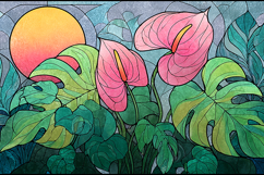 A vibrant stained glass of pink anthuriums and green leaves Product Image 1