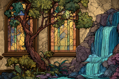 A serene illustration of a waterfall a stained glass window Product Image 1