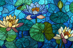 A stained glass artwork of lotus flowers in a serene pond Product Image 1