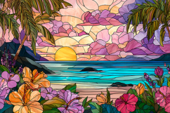 A vibrant stained glass of a tropical beach at sunset Product Image 1