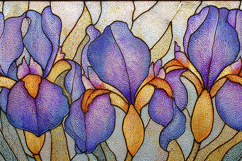 A stained glass artwork of vibrant purple irises Product Image 1