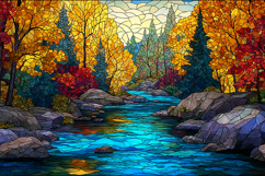 A stained glass depicting a serene river autumnal forest Product Image 1