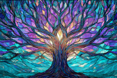 A vibrant stained glass tree with colorful branches and leav Product Image 1
