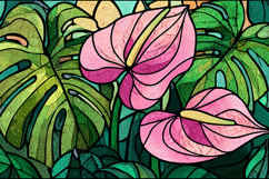A vibrant stained glass of pink flowers and green leaves Product Image 1