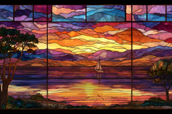 A vibrant stained glass serene sunset over a peaceful ocean Product Image 1