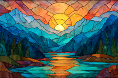 A stained glass of a serene mountain landscape at suset Product Image 1