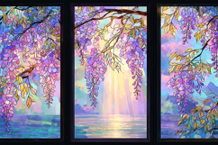 A serene landscape of wisteria flowers by the ocean Product Image 1