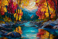 A vibrant mosaic artwork depicting a serene forest river Product Image 1