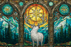 A stained glass a white deer in a mountainous landscape Product Image 1