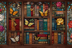 A colorful stained glass window with butterflies and books Product Image 1