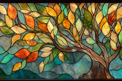 A stained glass artwork of a tree with colorful leaves Product Image 1