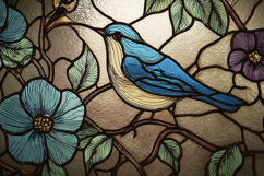 A stained glass window featuring a blue bird and colorful Product Image 1