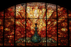 A stunning stained glass window featuring a vibrant peacock Product Image 1