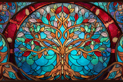 A vibrant stained glass window depicting a tree of life Product Image 1