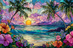 A vibrant beach scene with palm trees and colorful flowers Product Image 1