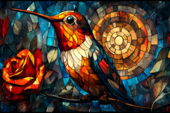 A vibrant mosaic artwork of a hummingbird perched on a rose Product Image 1