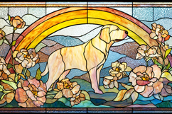 A stained glass artwork of a dog under a rainbow with flower Product Image 1
