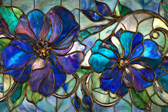 A beautiful stained glass window with blue flowers and green Product Image 1