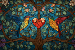 A stained glass artwork of two hummingbirds and a heart tree Product Image 1
