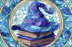 A stained glass artwork of a wizard's hat on top of books Product Image 1