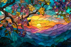 A stained glass artwork depicting a vibrant sunset through Product Image 1