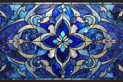 A beautiful stained glass window with intricate blue Product Image 1