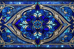 A stunning blue stained glass window with intricate gold Product Image 1