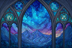 A stained glass window depicting a mountain landscape under Product Image 1