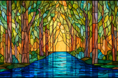A serene stained glass artwork depicting a forest and river Product Image 1
