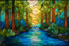 A vibrant stained glass artwork depicting a serene forest Product Image 1