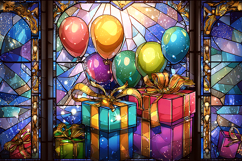 A colorful stained glass window with balloons and gift boxes Product Image 1
