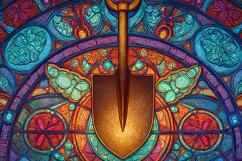 A vibrant stained glass artwork featuring a shovel Product Image 1