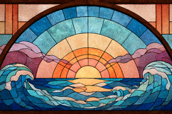 A stained glass artwork depicting a vibrant sunset Product Image 1