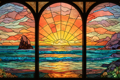 A stained glass window depicting a serene ocean sunset scene Product Image 1