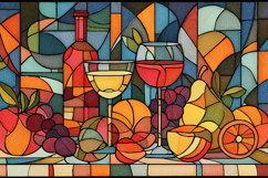 A colorful stained glass still life with wine and fruit Product Image 1