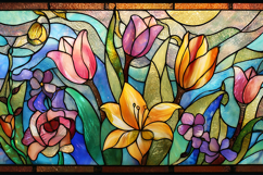 A vibrant stained glass window with colorful flowers Product Image 1