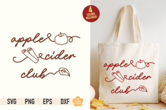 Product mockup for an 'Apple Cider Club' SVG cut file. The left side shows the brown script typography design featuring an apple, cinnamon sticks, and a leaf outline. The right side shows a beige tote bag mockup printed with the design next to autumn leav