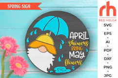 april showers bring may flowers svg, gnome umbrella svg, gnome hanger svg, outdoor sign svg, welcome sign svg, garden circle dxf, seasonal door svg, round hanging sign svg, laser cut file, layered sign svg, porch sign svg, glowforge cut file