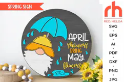 april showers bring may flowers svg, gnome umbrella svg, gnome hanger svg, outdoor sign svg, welcome sign svg, garden circle dxf, seasonal door svg, round hanging sign svg, laser cut file, layered sign svg, porch sign svg, glowforge cut file