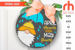 april showers bring may flowers svg, gnome umbrella svg, gnome hanger svg, outdoor sign svg, welcome sign svg, garden circle dxf, seasonal door svg, round hanging sign svg, laser cut file, layered sign svg, porch sign svg, glowforge cut file